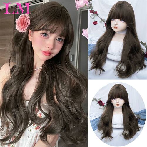 LM Brown Mixed Blonde Synthetic Wigs with Bang Long Natural