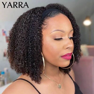 Afro Kinky Curly Human Hair Headband Wig For Black Women 180