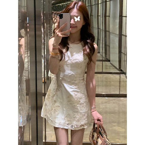 TYST法式气质收腰无袖背心连衣裙女夏季设计感刺绣露肩a字短裙子
