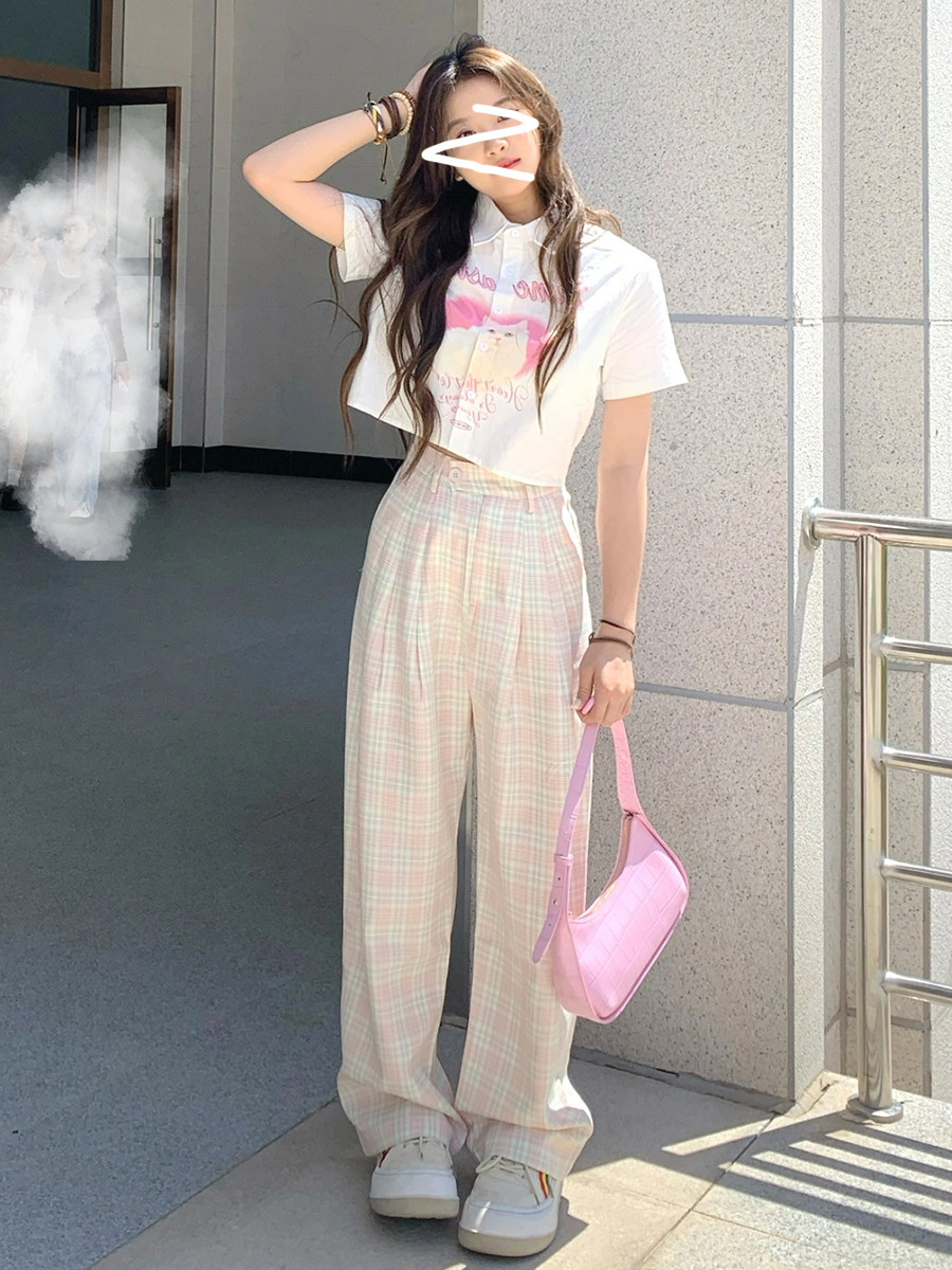 TYST小众设计感粉色格子西装裤女显瘦高腰垂感夏季宽松休闲阔腿裤