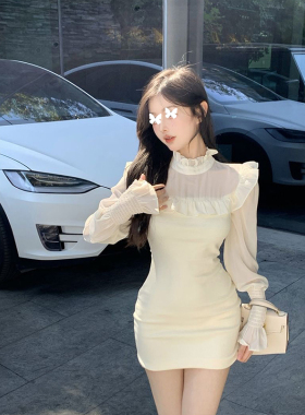TYST甜辣妹长袖连衣裙女春季新款收腰荷叶边短裙包臀气质性感裙子