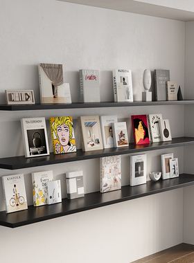 黑色百搭实木一字隔板置物架简约现代客厅电视背景墙收纳壁挂书架