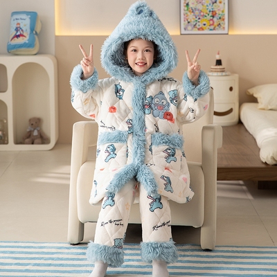 女童三层夹棉睡袍套装儿童睡衣秋冬款2025新款女孩冬季加绒加厚款