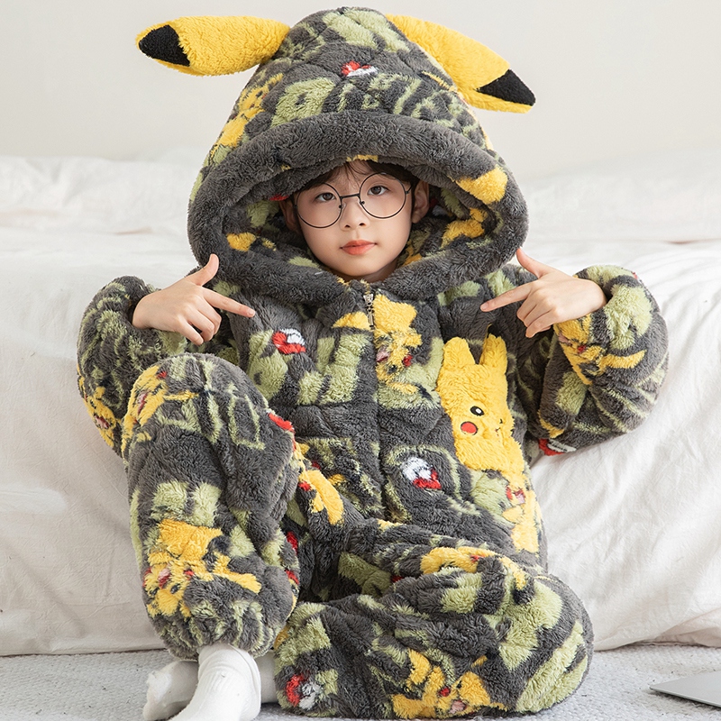 儿童睡衣男童冬季加绒加厚款珊瑚绒三层夹棉男孩冬款中大童家居服