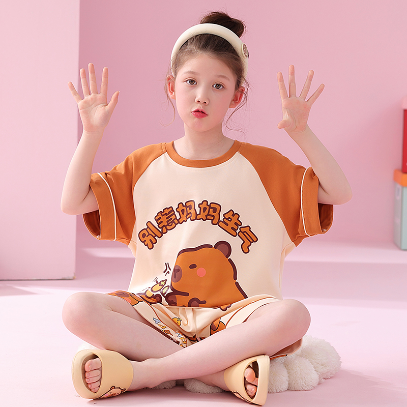 卡皮巴拉女童睡衣夏季短袖纯棉薄款小女孩大童儿童空调家居服套装