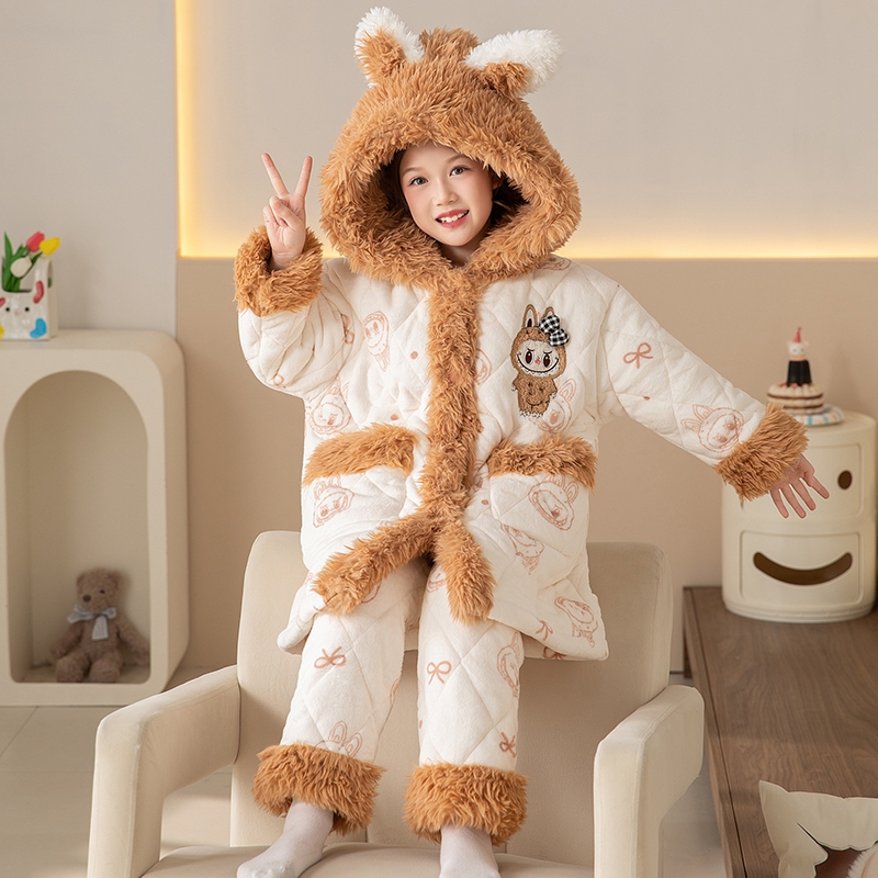 女童三层夹棉睡衣秋冬款儿童睡袍套装2025新款女孩冬季加绒加厚款