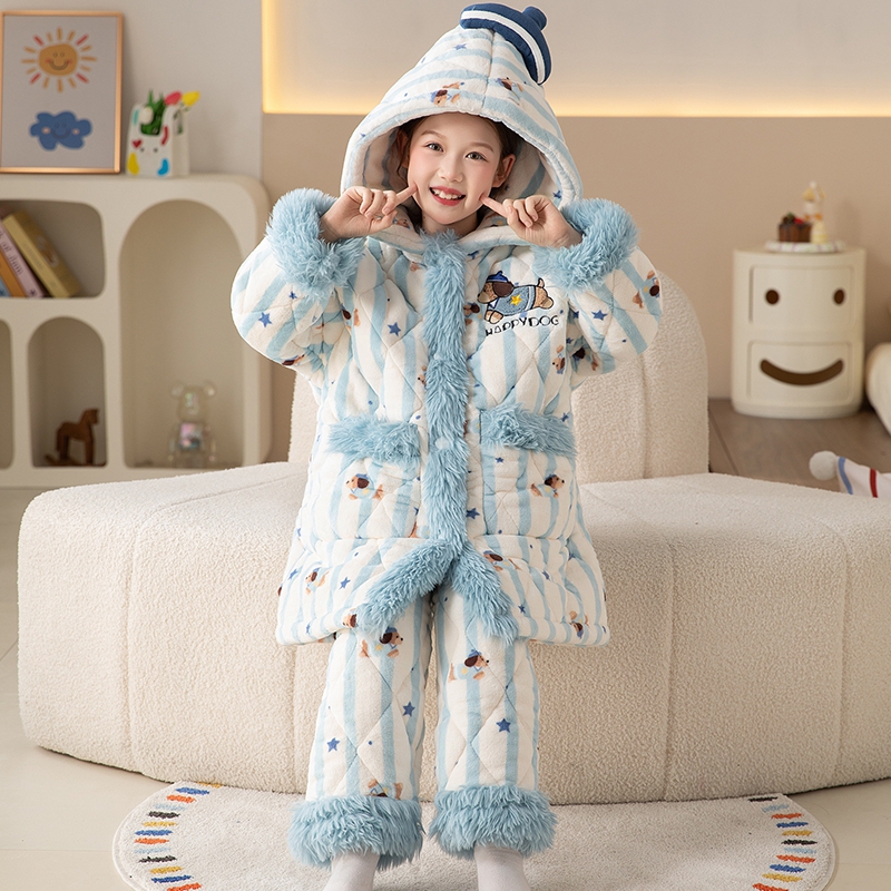 儿童珊瑚绒睡衣冬季女童法兰绒三层夹棉加厚款中大童小女孩家居服