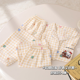 儿童睡衣女款三件套夏季2025新款HelloKitty公主风短袖女童家居服