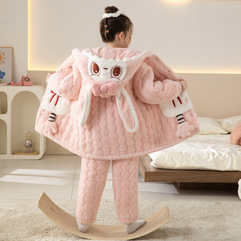 儿童睡衣女童冬款三层夹棉加绒加厚珊瑚绒2025新款冬季女孩家居服