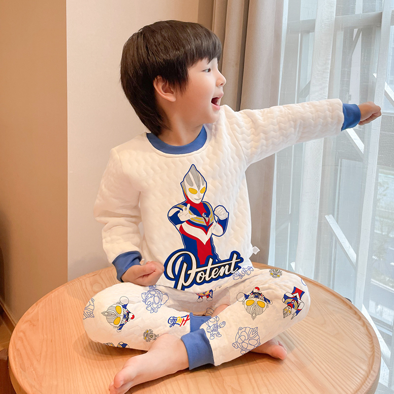 奥特曼夹棉保暖内衣男童秋衣秋裤套装儿童小男孩加厚空气棉睡衣