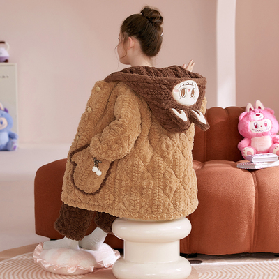 女童睡衣冬季加厚儿童秋冬款珊瑚绒三层夹棉加绒2025新款冬天可爱