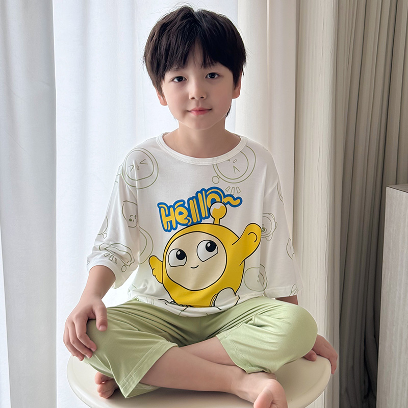 莫代尔男童睡衣男孩大童短袖冰丝夏季薄款儿童新款空调家居服套装