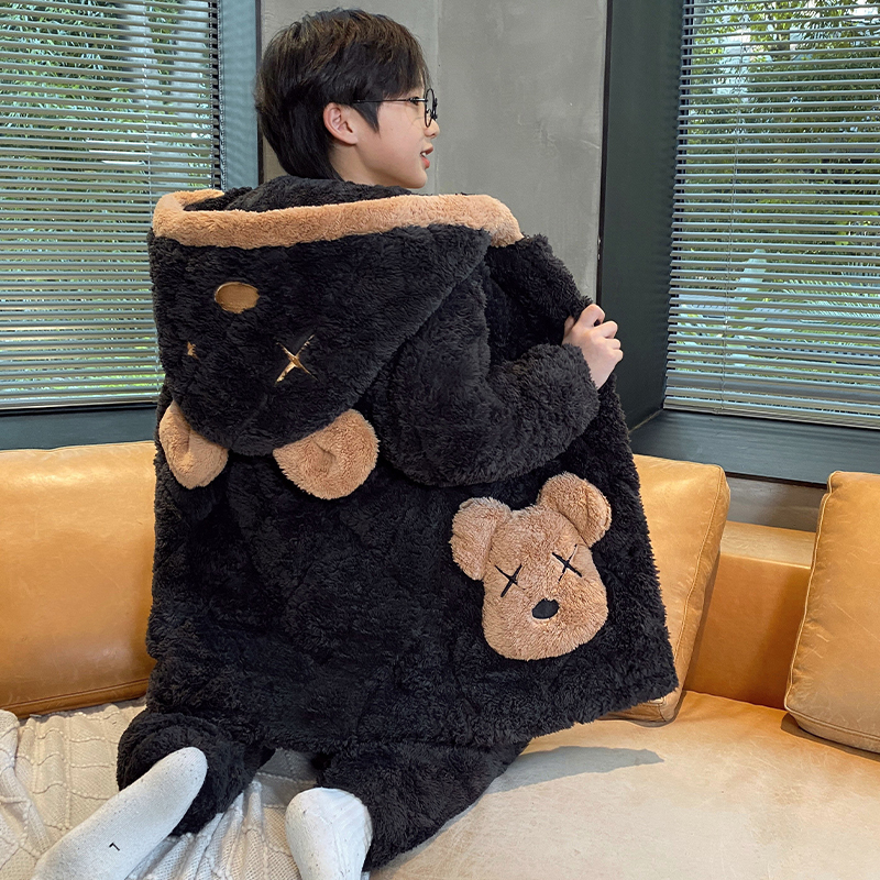 儿童睡衣男童冬季加绒加厚三层夹棉保暖2025新款男孩中大童家居服