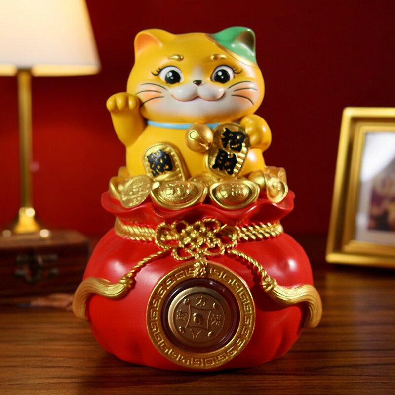招财猫摆件聚宝袋工艺品储蓄罐中式家居客厅装饰品店铺收银台摆饰