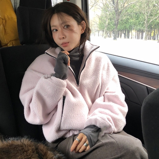 有货Korea 软糯糯摇粒绒撞色半拉链立领口袋舒适加厚加绒卫衣外套