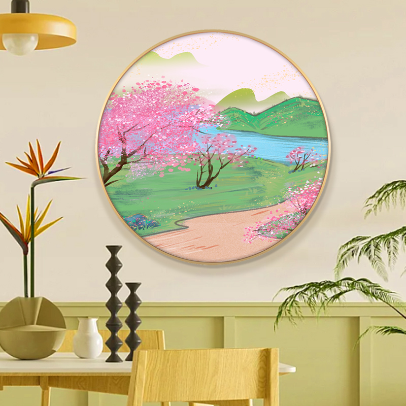 粉色樱花桃花茶室挂画餐厅美容院客厅卧室玄关花卉风景圆形装饰画图片