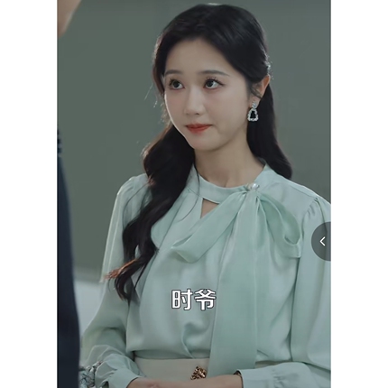Online Drama Gu Jinlan's Same Style Green Stand-Up Collar Ribbon Bow Satin Shirt Women's Design Draped Long-Sleeved Top