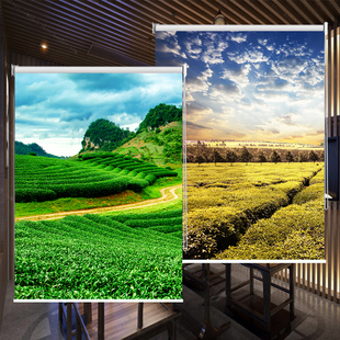 定制窗帘卷帘茶园茶道茶室采茶阳光茶山图案遮阳升降手拉遮阳窗帘