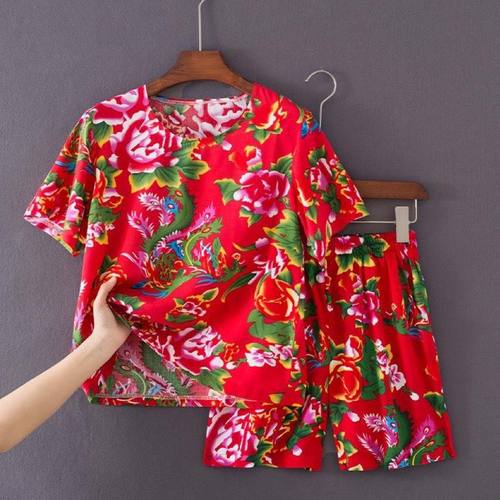 东北大花短袖套装情侣小个子夏季一整套花布睡衣男女家居服套装潮