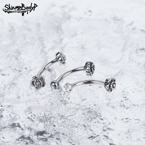 Shinma 钛钢内牙玫瑰锆石花朵眉钉耳钉ROOK钉手指钉哥特1.0牙粗