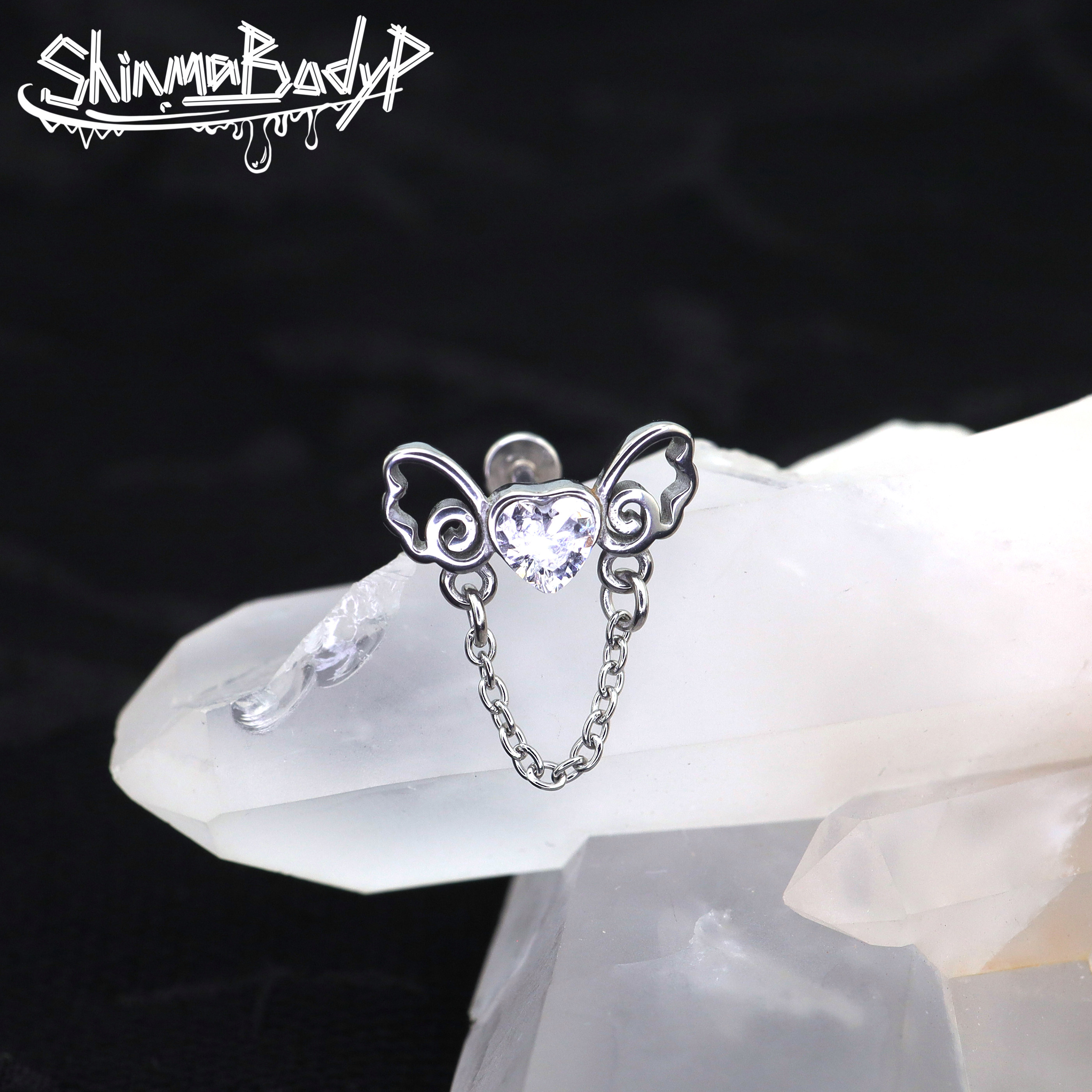 Shinma钛钢爱心锆石小翅膀蝴蝶结挂链亚比可爱内螺纹平底耳钉耳骨,饰品/流行首饰/时尚饰品新,耳钉,淘宝优惠券,粉丝福利购,淘宝优惠卷