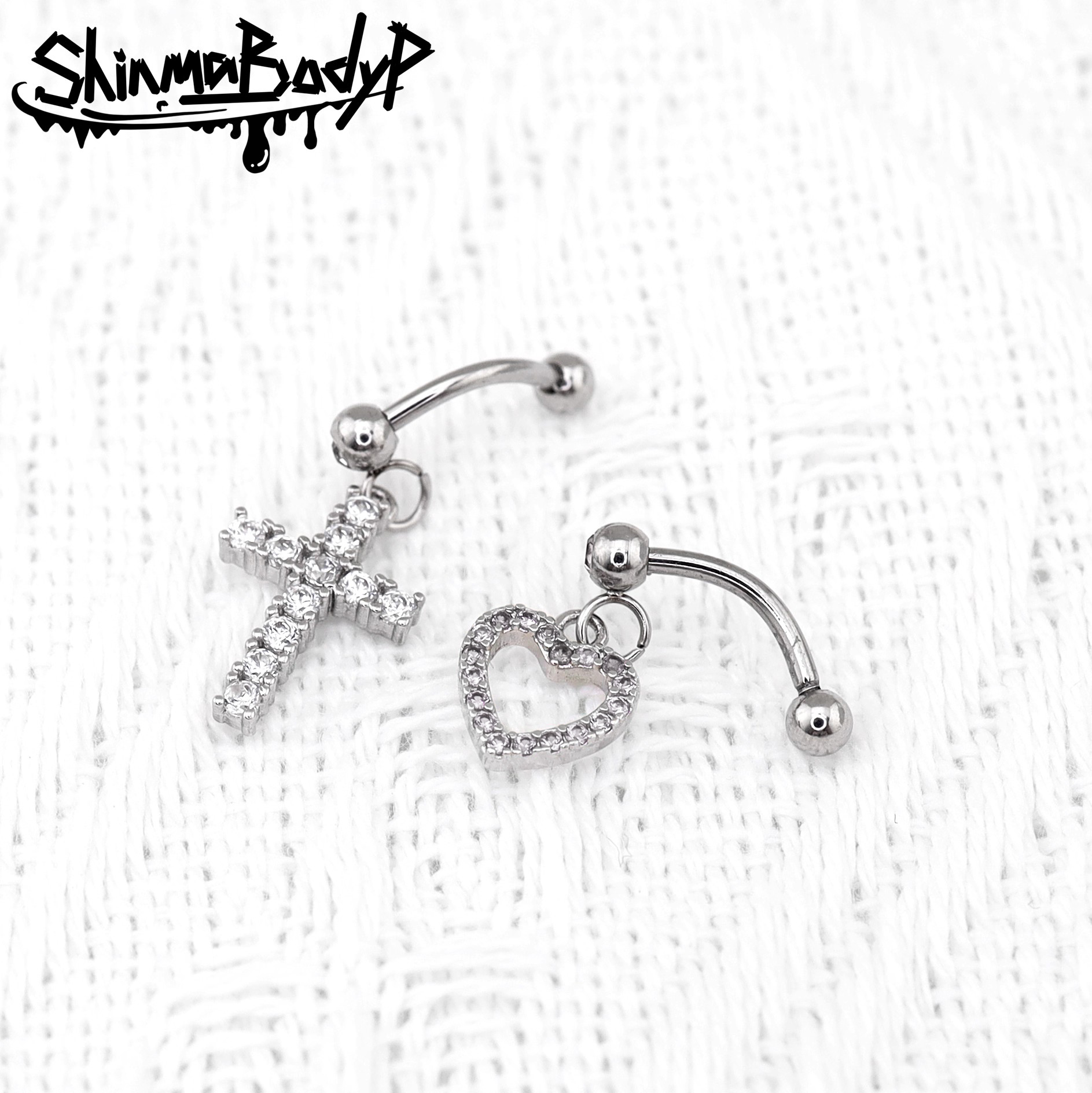 Shinma钛钢爱心十字架粉色银色小众耳骨钉rook钉亚比千禧风耳饰