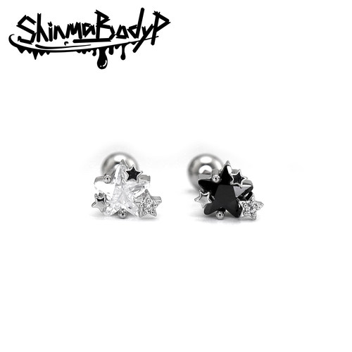 Shinma 铜镀白金小众设计黑白五角星星钻可爱甜美夏日耳钉耳骨钉