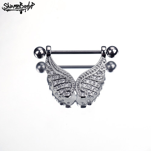 Shinma 欧美气质天使翅膀微镶锆石外螺纹乳钉乳环乳头钉穿刺饰品