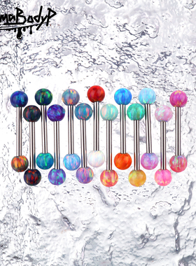 Shinma进口欧泊爆闪澳宝舌钉欧泊双头舌环外螺纹小众饰品钛钢耳钉