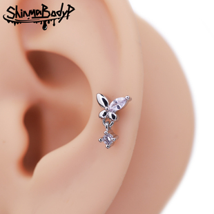 耳钉耳骨钉 气质辣妹穿刺耳饰 银色锆石银色蝴蝶挂坠 Shinma