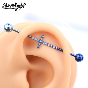 Shinma 136钛合金锆石十字架渐变纯色耳桥长耳骨钉可爱小众穿刺