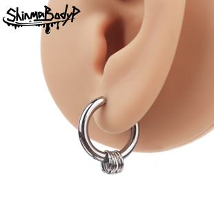 Shinma 土酷朋克欧美风气质穿刺耳饰 金属银色钛钢挂圈带环耳环
