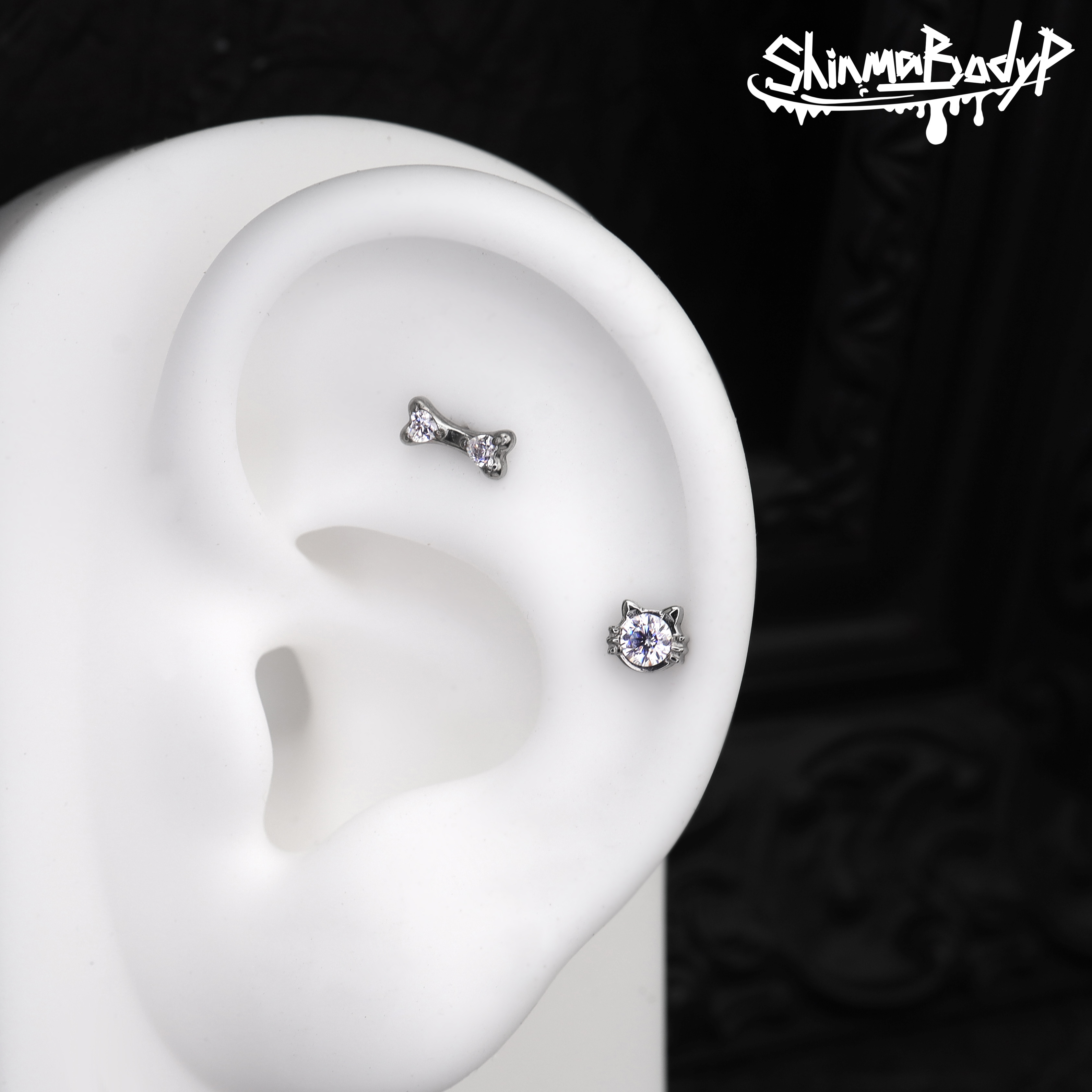 ShinmaF-136钛合金锆石猫咪骨头迷你可爱镶钻甜酷唇钉耳钉耳骨钉