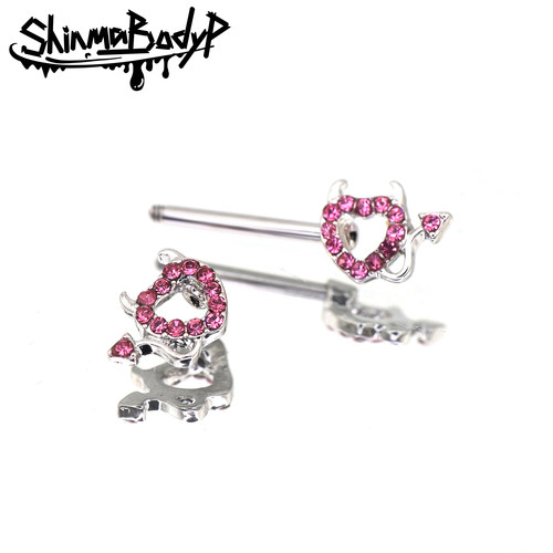 Shinma玫红钻爱心小恶魔镂空乳钉