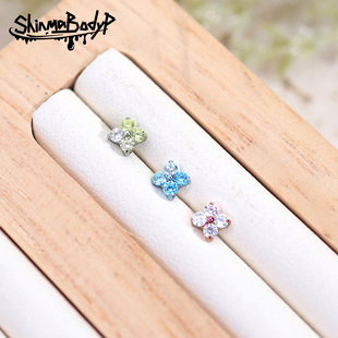 镶锆石亮晶晶闪耀F 136钛合金耳钉耳骨钉唇钉 四叶花 Shinma