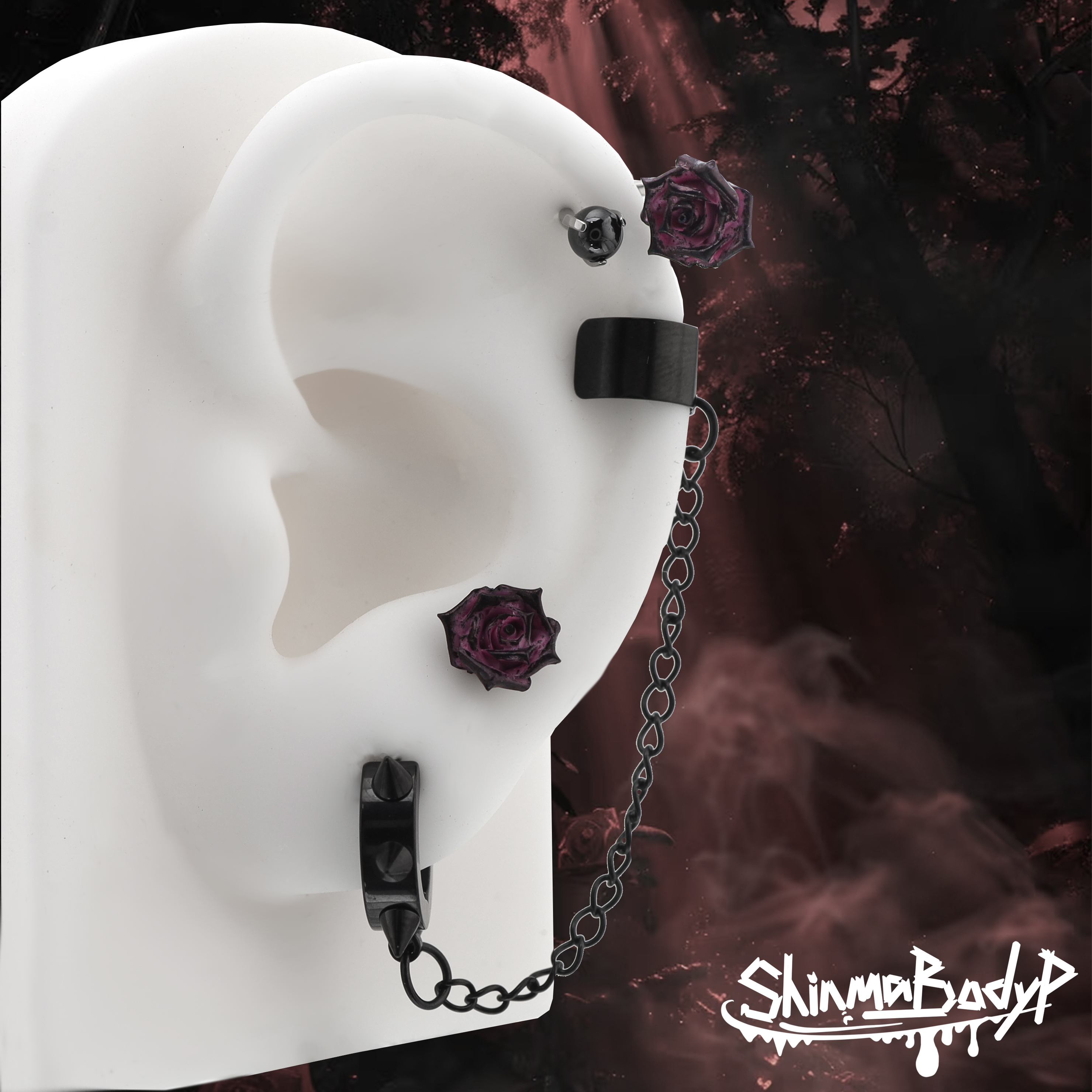 Shinma【蝶恋花语】耳钉耳轮钉耳骨钉少女梦幻红黑玫瑰暗黑哥特款