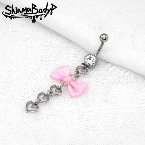 Shinma粉色布艺蝴蝶结镂空爱心挂坠肚脐钉肚脐环辣妹甜美饰品