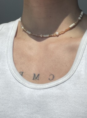 SCMEN 法式男女同款复古天然石天然水晶钛钢珍珠粉色项链