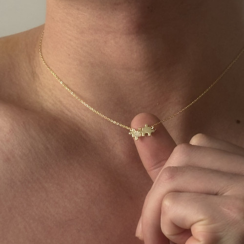 SCMEN S925纯银素链项链镀14K金镶石拼图项饰锁骨链送女友礼物