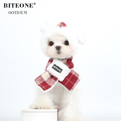BITEONE【金丝红格连帽围巾】宠物猫咪狗狗保暖配饰2025春节新款