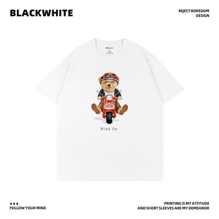 小熊骑摩托文化印花短袖 宽松舒适透气潮牌圆领上衣Q269 T恤男女款