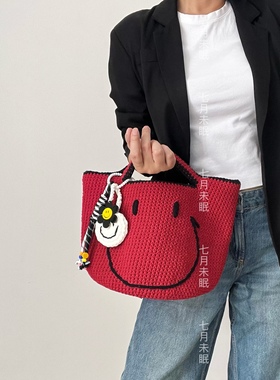 原创手工编织Smile笑脸包安哥拉红色大号手提包水桶包百搭菜篮子