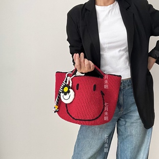 原创手工编织Smile笑脸包安哥拉红色大号手提包水桶包百搭菜篮子