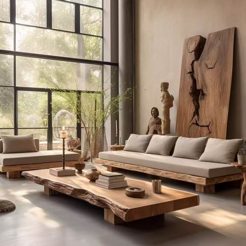 侘寂风实木原木沙发茶几组合