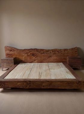 侘寂风实木床原木双人床主次卧室榻榻米民宿酒店装饰风化木落地床