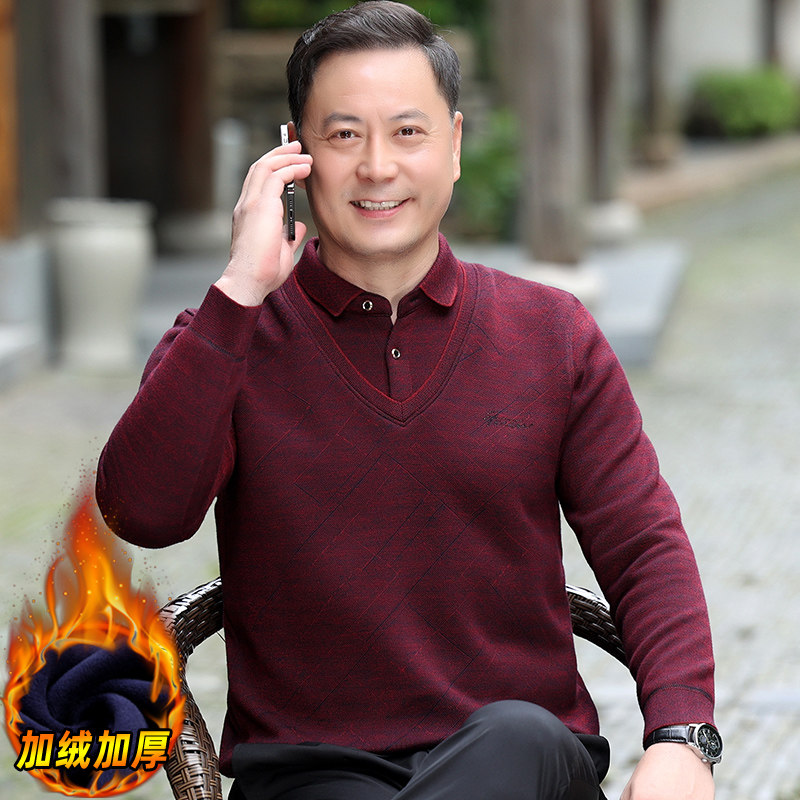 中老年爸爸装秋冬季新款假两件加绒加厚保暖毛衣酒红色套头针织衫