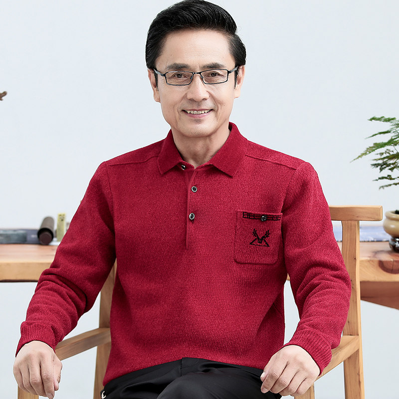 冬季爸爸款毛衣加绒加厚保暖红色