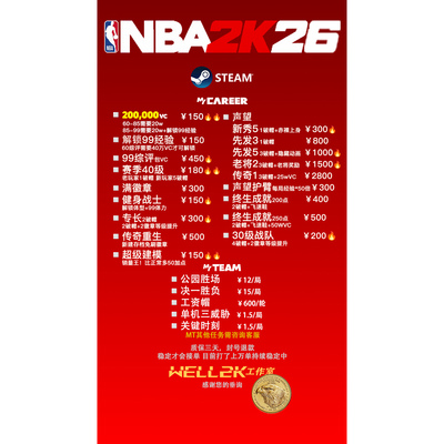 NBA2K26 steam代练 40级 解锁99经验 满徽章 专长 声望 终身成就