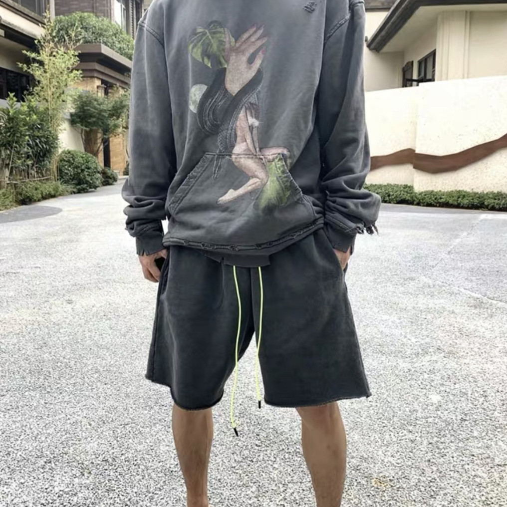 运动短裤高街荧光绿洗水做旧