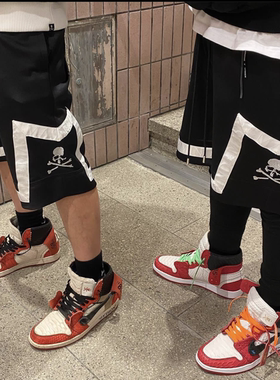 MASTERMIND骷髅头短裤mmj银线刺绣沙滩裤红白织带休闲运动五公裤